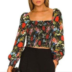 Alice + Olivia Cooper Smocked Bodice Top Small Cropped Floral Dark Cottagecore